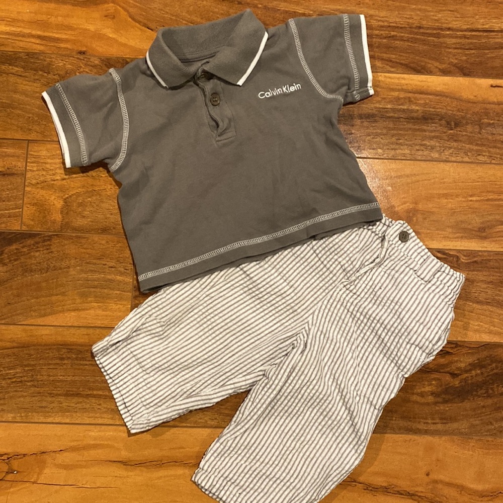 Boy’s Size 6-9 Months Calvin Klein Cotton Outfit- Polo Top & Striped Pants -EUC